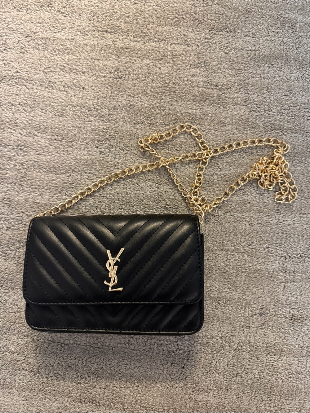 Black Quilted Leather Crossbody with Gold Chain and Logo
